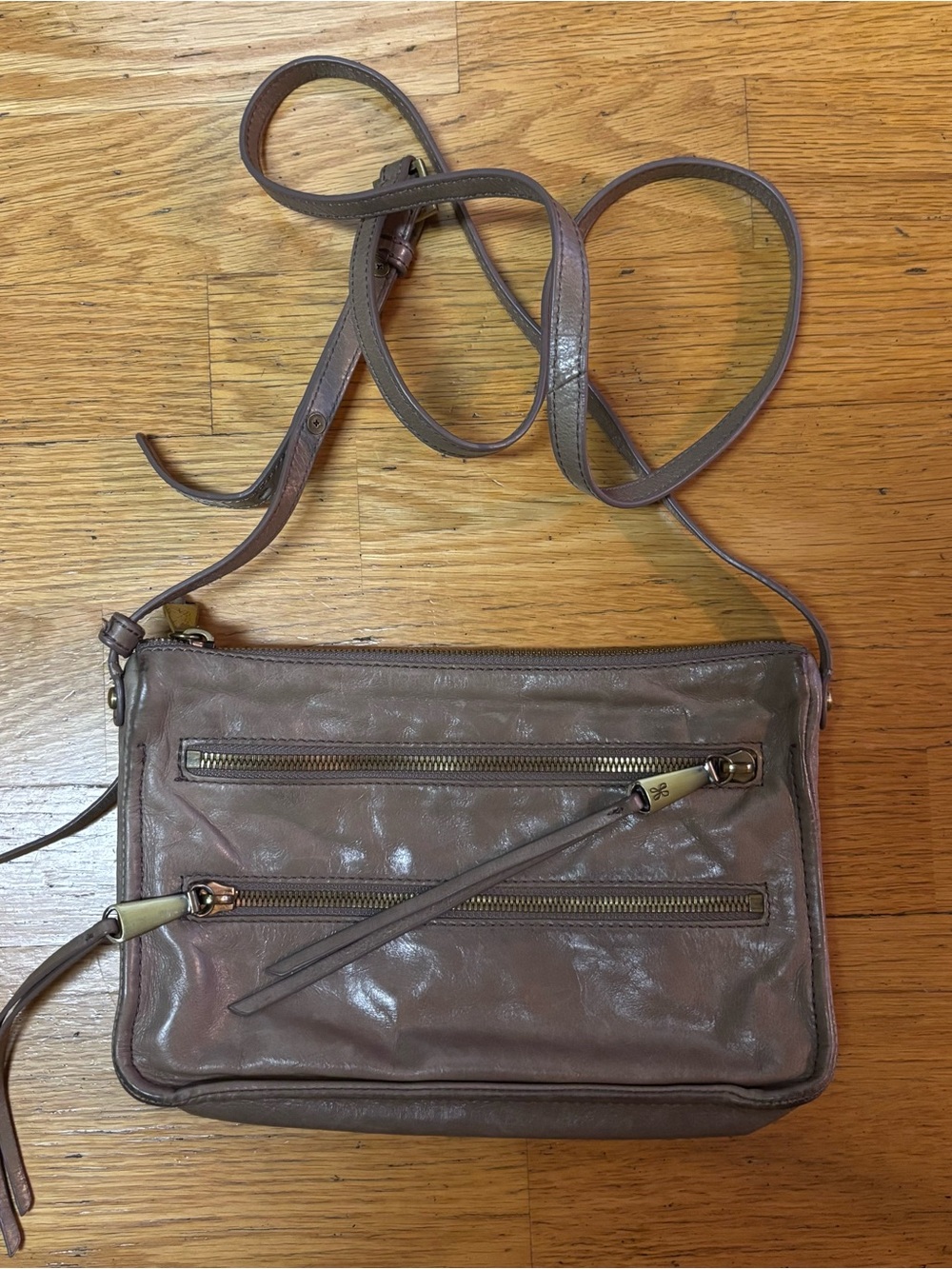 Hobo Taupe Leather Mission Boho Minimalist Lagenlook Adjustable Crossbody Bag